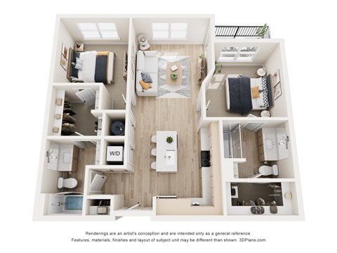 Floor plan for 2 beds, 2 baths, 974 sqft
